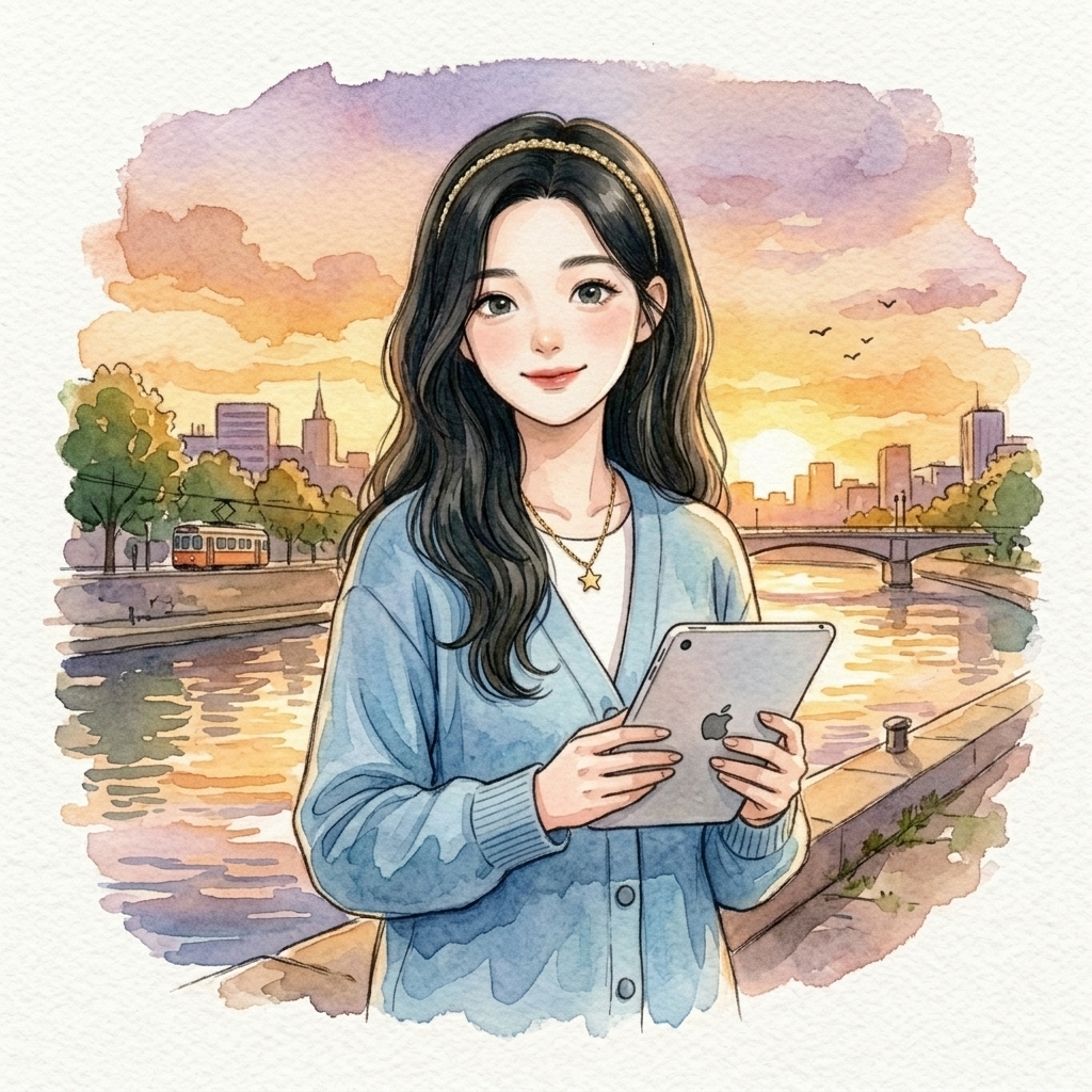 海河边拿平板的小暖
